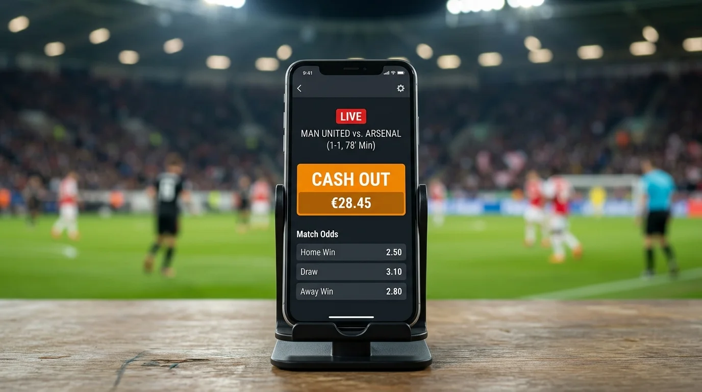 Knop voor cash-out op een wedscherm tijdens een lopende voetbalwedstrijd met de actuele waarde zichtbaar