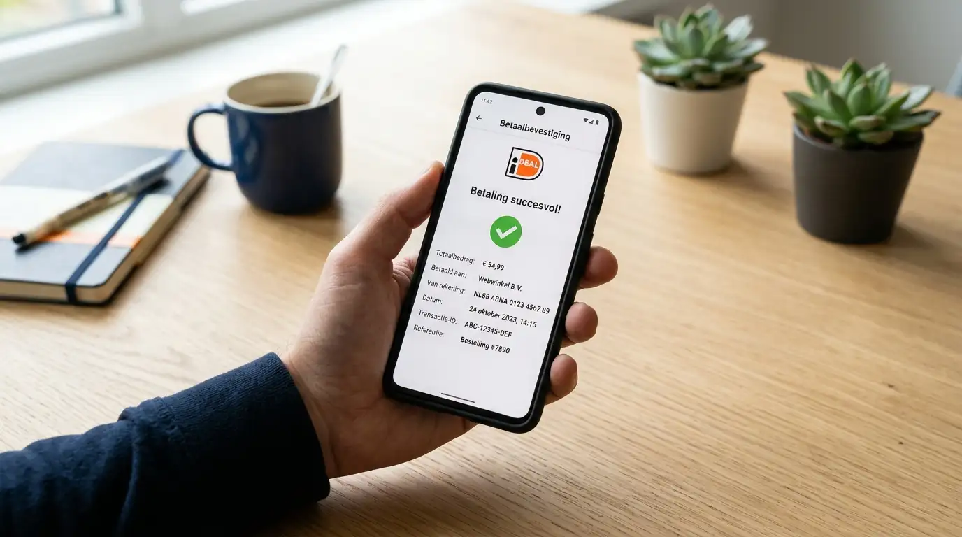 Smartphone met een iDEAL betaalscherm naast een wedrekening tijdens een storting