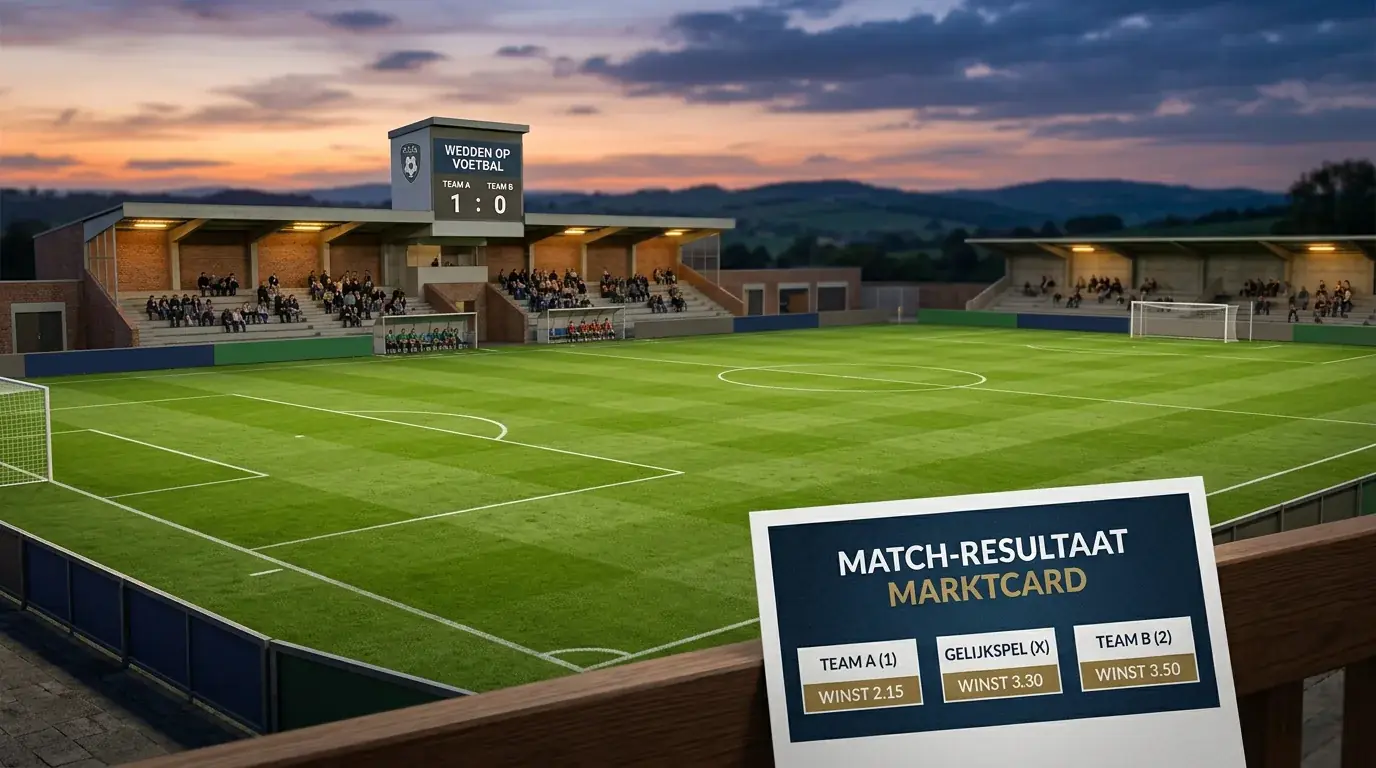 Sfeervol stadion van een kleinere Europese club met een wedmarkt voor de uitslag op de voorgrond