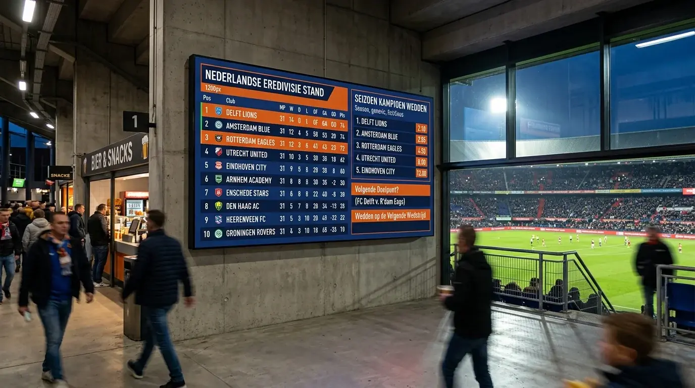 Klassement van de Eredivisie met een wedmarkt voor de kampioen ernaast op een verlicht scherm