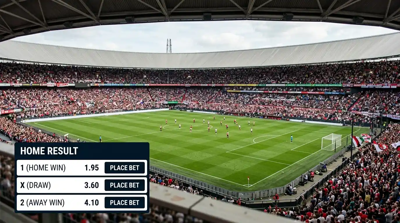 Rotterdams stadion De Kuip vol supporters met een wedmarkt voor de thuisuitslag op de voorgrond
