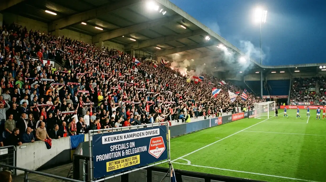 Vol stadion van een tweededivisieclub met een wedmarkt voor promotie zichtbaar op de voorgrond